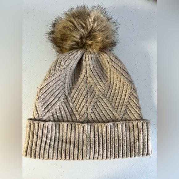 C.C Exclusives Beige Knit Beanie with Faux Fur Pom - Picture 5 of 5